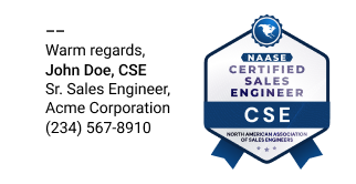 NAASE Certified Sales Engineer (CSE) badge used in an email signature next to the contact information of user